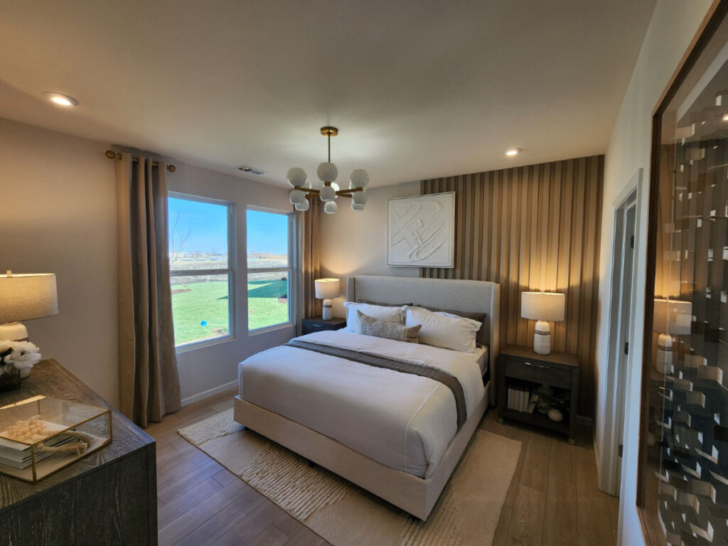 bedroom with decordative half wood wall